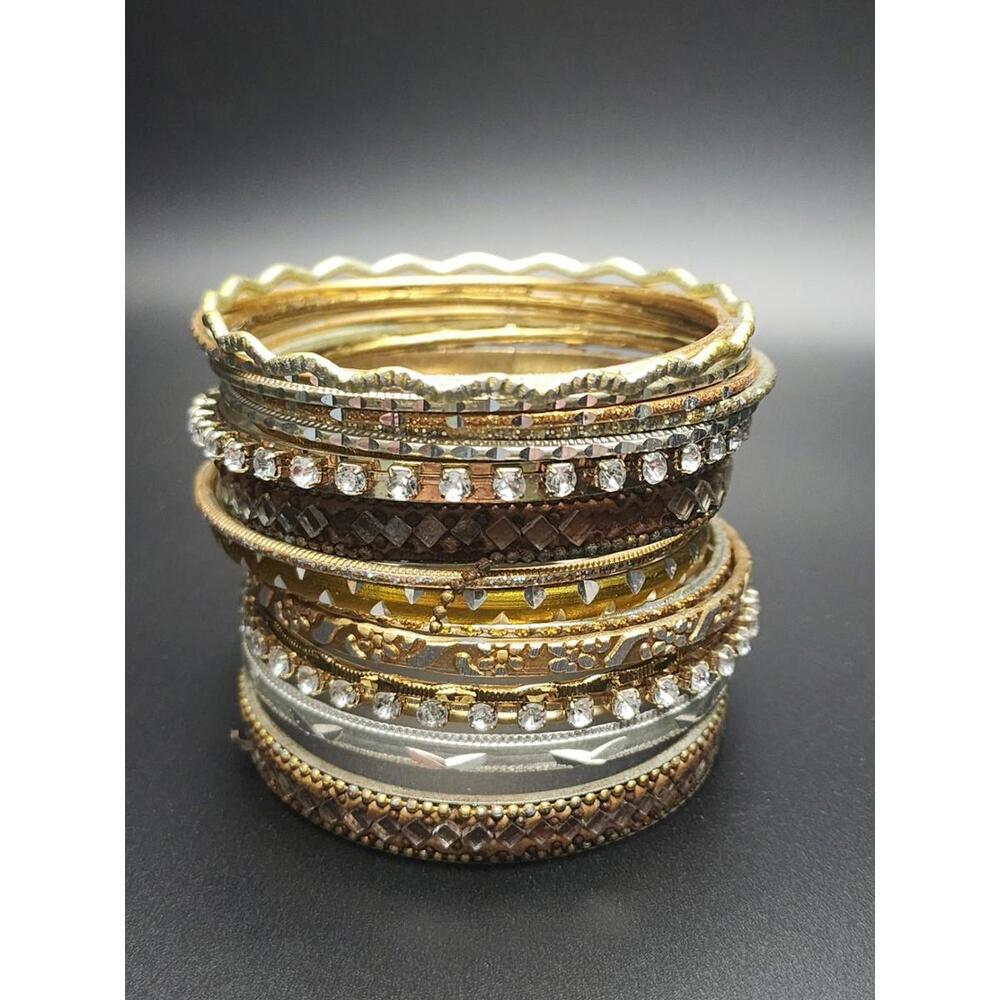 Mixed Metal Rhinestone Bangle Bracelet Set - Picture 2 of 3